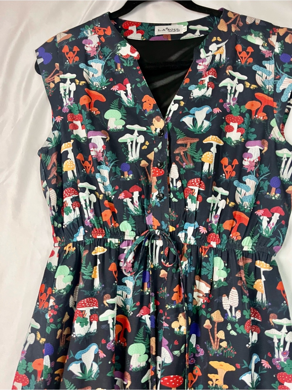 Whimsigoth Witchy Fairy Cottagecore Mushroom Print Lined Dress with Pockets Sz M - Picture 3 of 15